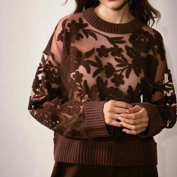 Coffee Brown Casual Women's Floral Pattern Knit Round Neck Drop Shoulder Sweater - Picture 3 of 6